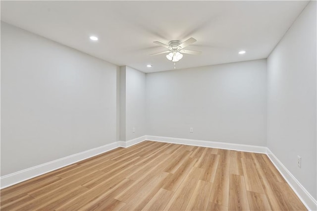unfurnished room with baseboards, ceiling fan, recessed lighting, and light wood-style flooring