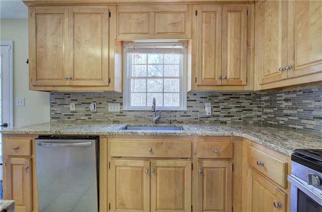 108 Arbor Hills Trl, Talking Rock, GA 30175 - kitchen featuring decorative backsplash, light stone counters, stainless steel appliances, light brown cabinetry, and a sink