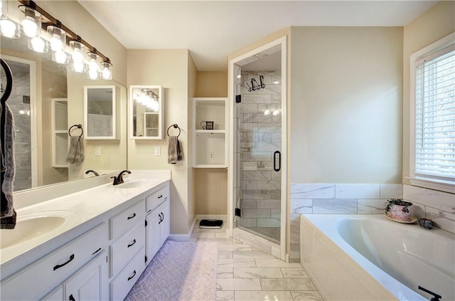 108 Arbor Hills Trl, Talking Rock, GA 30175 - bathroom featuring a garden tub, marble finish floor, a stall shower, and a sink