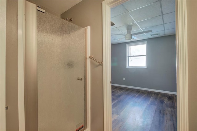 108 Arbor Hills Trl, Talking Rock, GA 30175 - full bath featuring a paneled ceiling, visible vents, a stall shower, wood finished floors, and baseboards