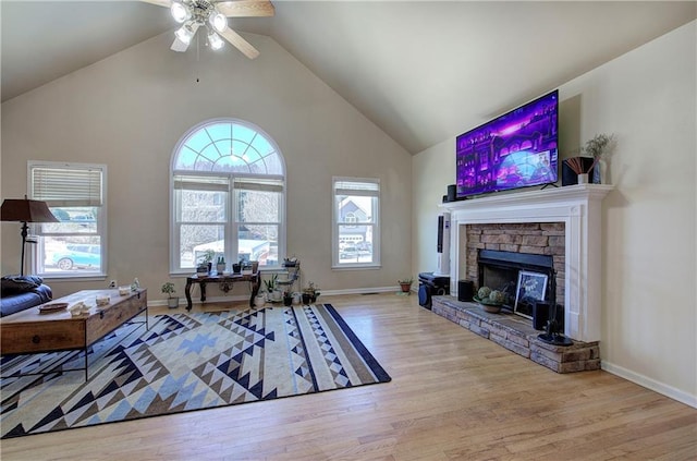 108 Arbor Hills Trl, Talking Rock, GA 30175 - living room featuring high vaulted ceiling, a fireplace, baseboards, and wood finished floors