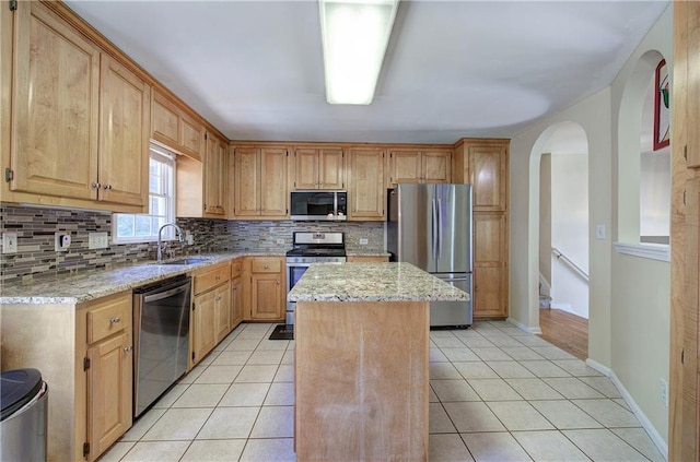 108 Arbor Hills Trl, Talking Rock, GA 30175 - kitchen with stainless steel appliances, tasteful backsplash, light tile patterned flooring, and a center island