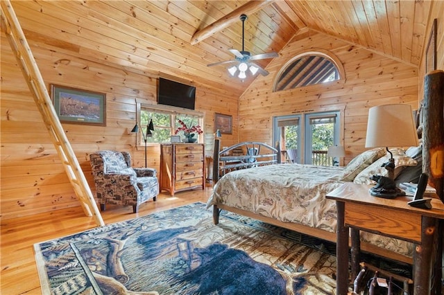 bedroom featuring ceiling fan, high vaulted ceiling, hardwood / wood-style floors, wooden walls, and wood ceiling