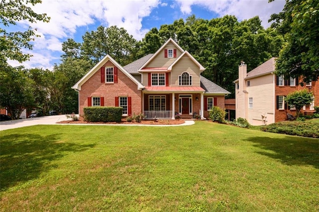 view of front facade with covered porch, brick siding, and a front lawn