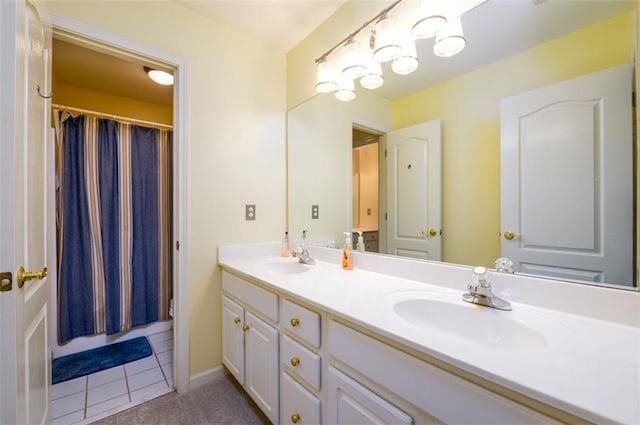 full bath featuring double vanity and a shower with curtain