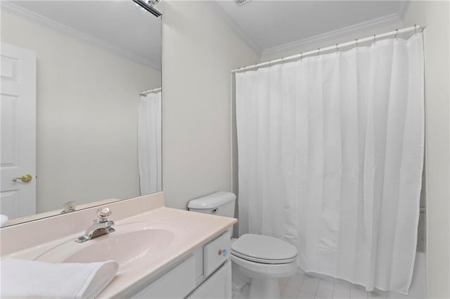 bathroom with tile patterned floors, toilet, ornamental molding, a shower with shower curtain, and vanity