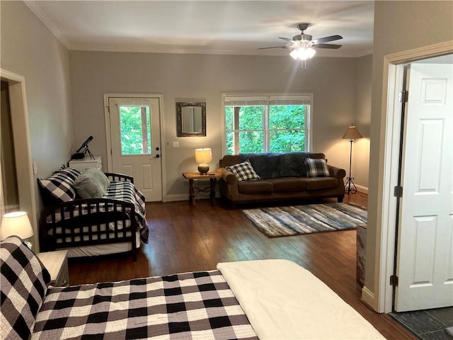 105 Ranch Mountain Ct, Dahlonega, GA 30533 - living room featuring healthy amount of natural light, wood finished floors, ceiling fan, baseboards, and crown molding