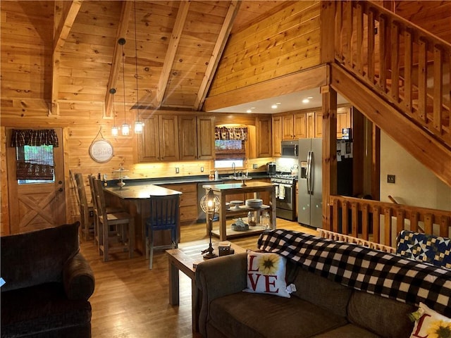 105 Ranch Mountain Ct, Dahlonega, GA 30533 - living area with light wood-type flooring, wooden walls, and wood ceiling