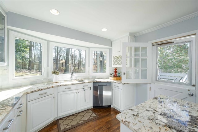 kitchen featuring dark wood-type flooring, white cabinetry, stainless steel dishwasher, backsplash, and light stone countertops