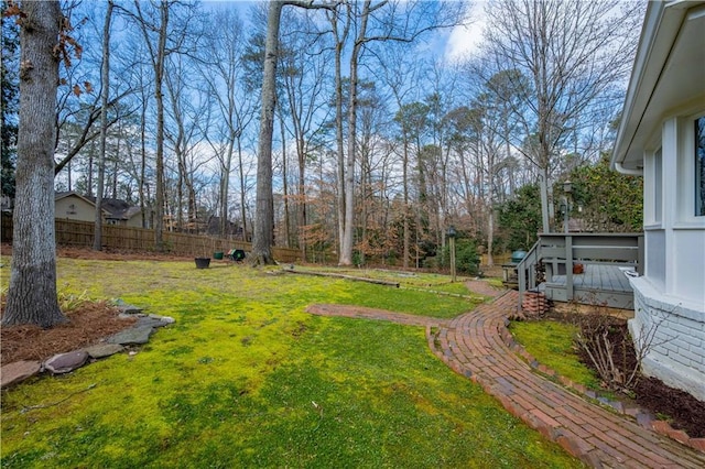 view of yard with fence and a deck