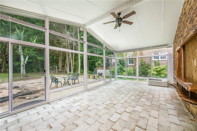 6065 Standard View Dr, Duluth, GA 30097 - unfurnished sunroom featuring ceiling fan, vaulted ceiling, and a wall mounted air conditioner