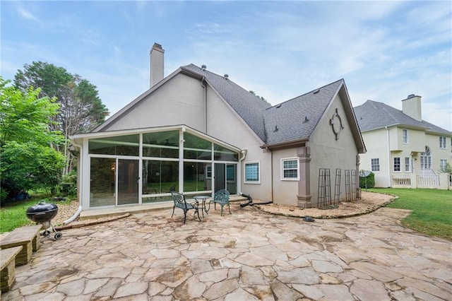 6065 Standard View Dr, Duluth, GA 30097 - rear view of property with a patio area, a sunroom, stucco siding, and a chimney