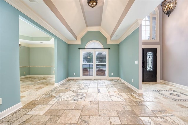 6065 Standard View Dr, Duluth, GA 30097 - foyer entrance featuring plenty of natural light, stone tile flooring, crown molding, a chandelier, and baseboards