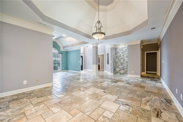 6065 Standard View Dr, Duluth, GA 30097 - unfurnished living room featuring stone tile flooring, ornate columns, baseboards, and crown molding