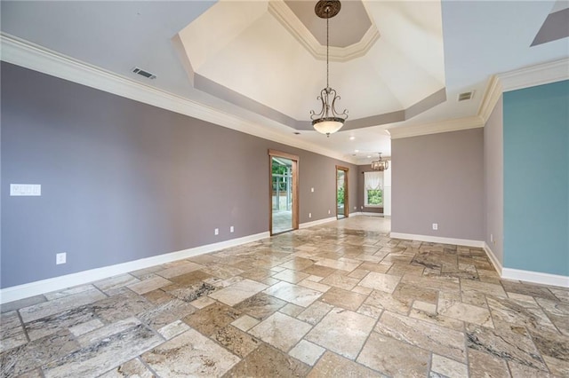6065 Standard View Dr, Duluth, GA 30097 - empty room featuring stone tile flooring, crown molding, baseboards, a chandelier, and a raised ceiling