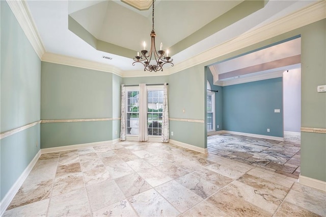 6065 Standard View Dr, Duluth, GA 30097 - spare room with stone tile floors, a chandelier, a raised ceiling, crown molding, and baseboards