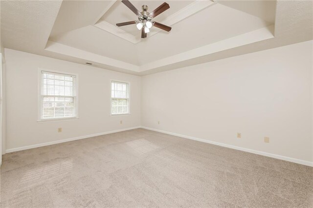 carpeted spare room with ceiling fan and a raised ceiling