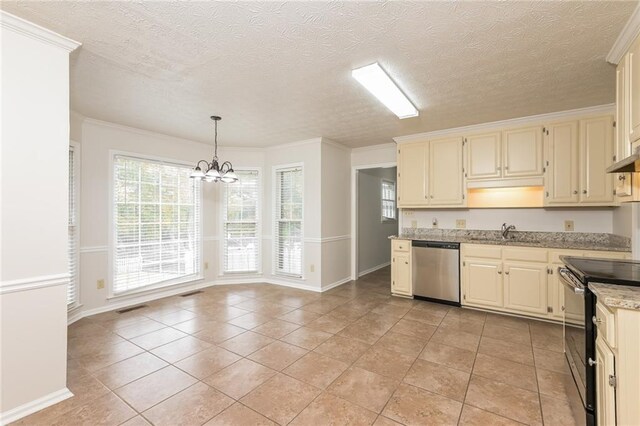 kitchen with light tile patterned floors, an inviting chandelier, stainless steel dishwasher, hanging light fixtures, and black electric range