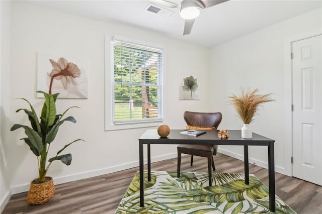 office area featuring ceiling fan and wood-type flooring