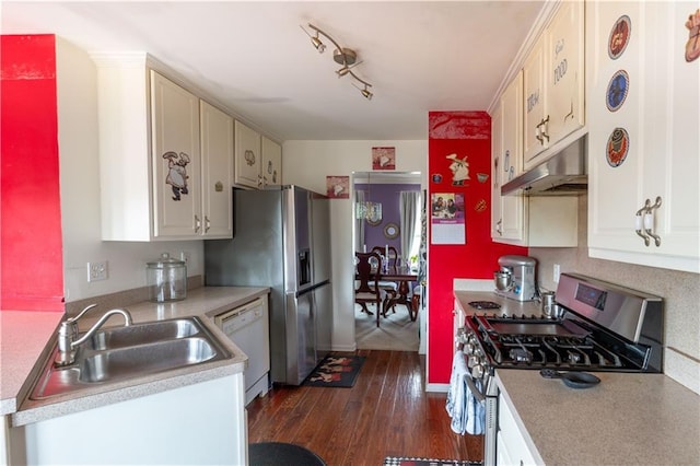 kitchen featuring stainless steel appliances, sink, and dark hardwood / wood-style flooring