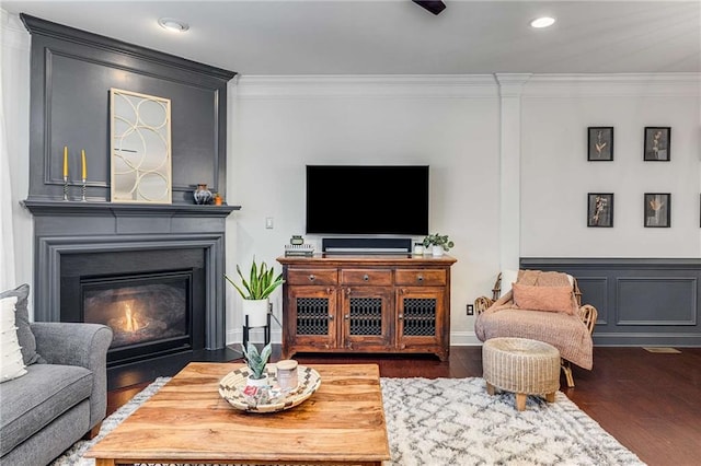 1012 E Paces Chase, Atlanta, GA 30326 - living area featuring crown molding, wood finished floors, a fireplace with flush hearth, and recessed lighting
