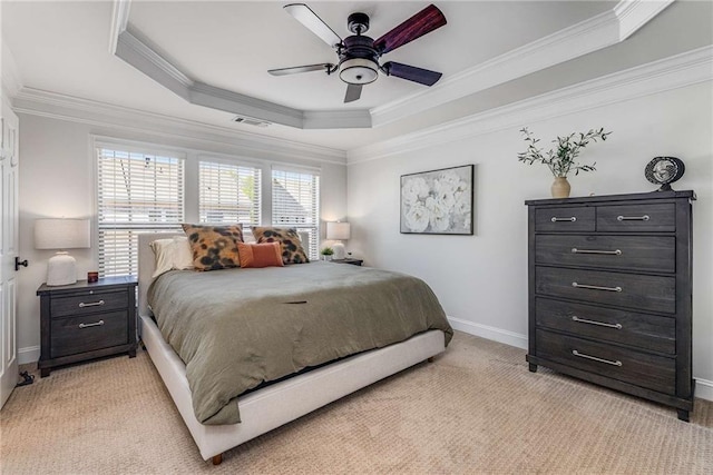 1012 E Paces Chase, Atlanta, GA 30326 - bedroom featuring a raised ceiling, baseboards, crown molding, light colored carpet, and ceiling fan