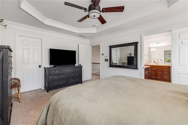 1012 E Paces Chase, Atlanta, GA 30326 - bedroom featuring a tray ceiling, carpet, ornamental molding, ensuite bath, and ceiling fan