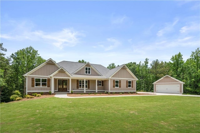 4786 Conns Creek Rd, Ball Ground, GA 30107 - craftsman-style house with a garage, an outbuilding, a front yard, and covered porch