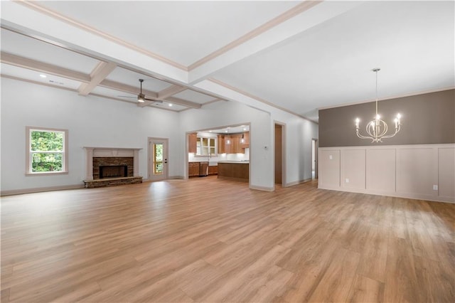 4786 Conns Creek Rd, Ball Ground, GA 30107 - unfurnished living room featuring a chandelier, a fireplace, light wood-type flooring, beamed ceiling, and a ceiling fan