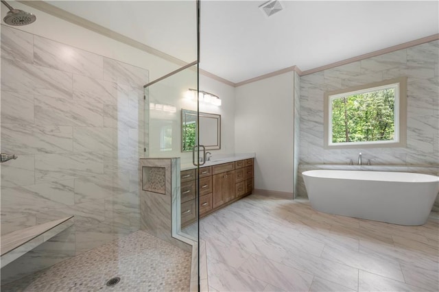 4786 Conns Creek Rd, Ball Ground, GA 30107 - bathroom featuring a walk in shower, crown molding, vanity, a freestanding bath, and marble finish flooring