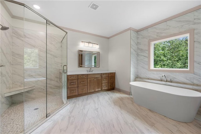 4786 Conns Creek Rd, Ball Ground, GA 30107 - bathroom with crown molding, a marble finish shower, a freestanding bath, vanity, and marble finish floors