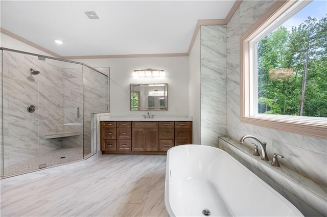 4786 Conns Creek Rd, Ball Ground, GA 30107 - full bath featuring crown molding, vanity, a shower stall, a freestanding bath, and healthy amount of natural light