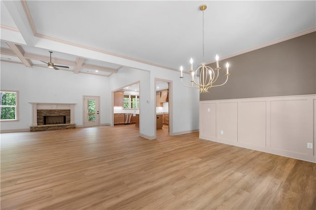 4786 Conns Creek Rd, Ball Ground, GA 30107 - unfurnished living room featuring a ceiling fan, beam ceiling, a chandelier, a fireplace, and light wood-style flooring