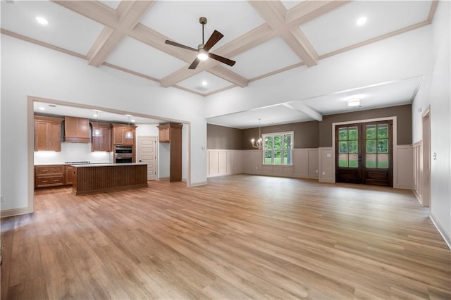 4786 Conns Creek Rd, Ball Ground, GA 30107 - unfurnished living room with coffered ceiling, light wood-style floors, ceiling fan, beamed ceiling, and wainscoting
