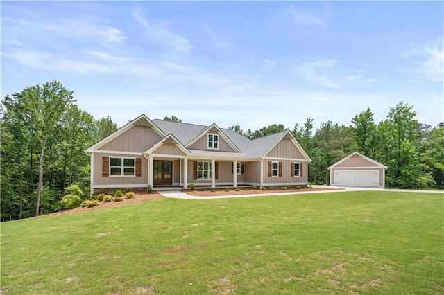 4786 Conns Creek Rd, Ball Ground, GA 30107 - craftsman house featuring a garage, an outbuilding, covered porch, and a front lawn