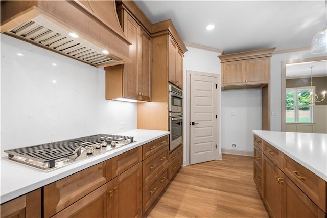 4786 Conns Creek Rd, Ball Ground, GA 30107 - kitchen featuring custom range hood, light wood finished floors, light countertops, brown cabinetry, and ornamental molding