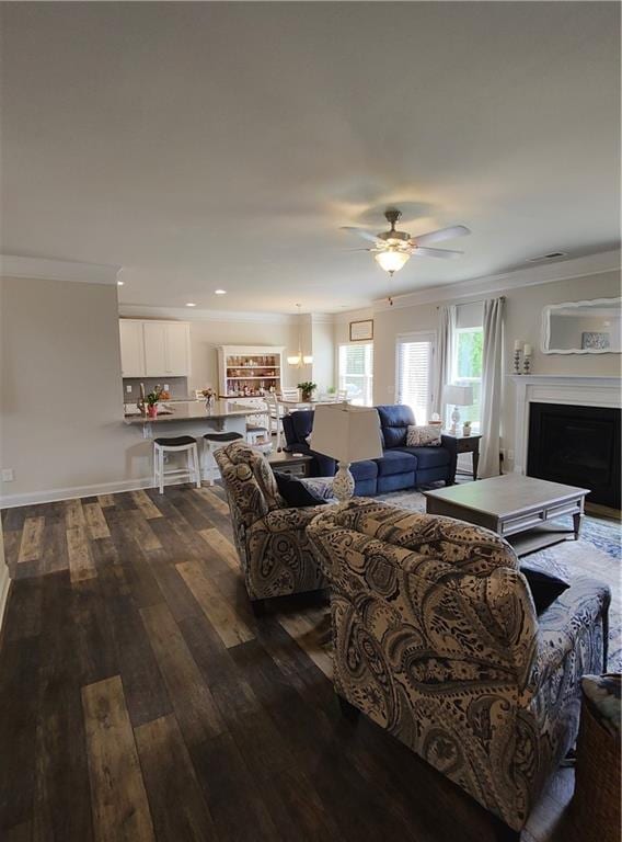 13 Mulberry Way, Cartersville, GA 30120 - living room featuring crown molding, ceiling fan, dark wood finished floors, a fireplace, and recessed lighting