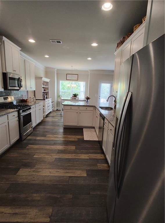 13 Mulberry Way, Cartersville, GA 30120 - kitchen featuring stainless steel appliances, a sink, a peninsula, crown molding, and recessed lighting