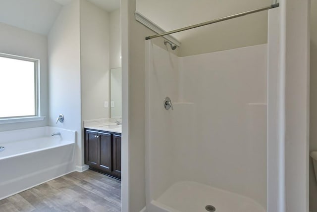 bathroom with vanity, wood-type flooring, and independent shower and bath