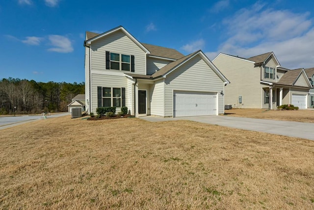 view of front of house featuring a garage, central air condition unit, and a front lawn