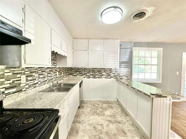 kitchen featuring sink, white cabinetry, dishwasher, black range with electric cooktop, and decorative backsplash