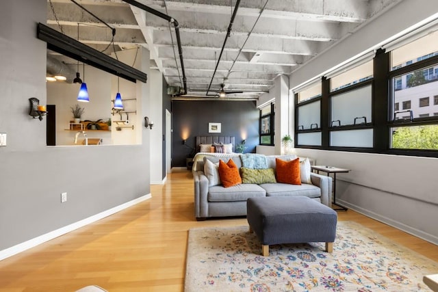 living room featuring ceiling fan and hardwood / wood-style floors