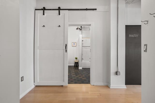 hallway featuring a barn door and light wood-type flooring