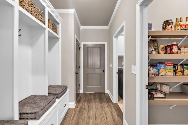 2980 Beards Rd, Buford, GA 30518 - mudroom featuring crown molding, wood finished floors, and baseboards