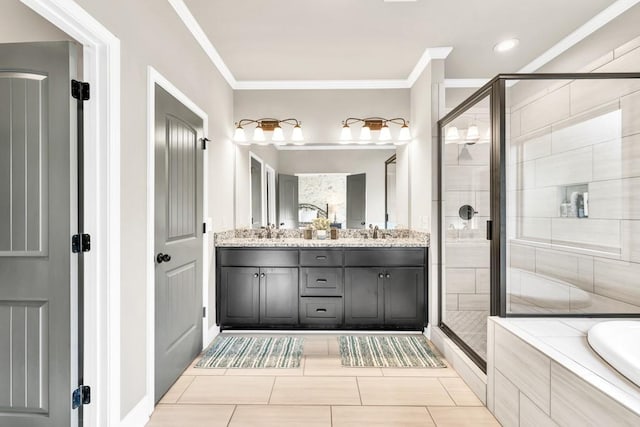 2980 Beards Rd, Buford, GA 30518 - full bath featuring double vanity, a stall shower, ornamental molding, a relaxing tiled tub, and tile patterned floors
