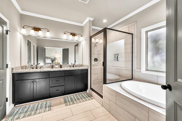 2980 Beards Rd, Buford, GA 30518 - bathroom with a stall shower, a bath, double vanity, ornamental molding, and tile patterned floors