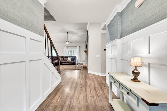 2980 Beards Rd, Buford, GA 30518 - hall with dark wood-type flooring, stairway, and baseboards