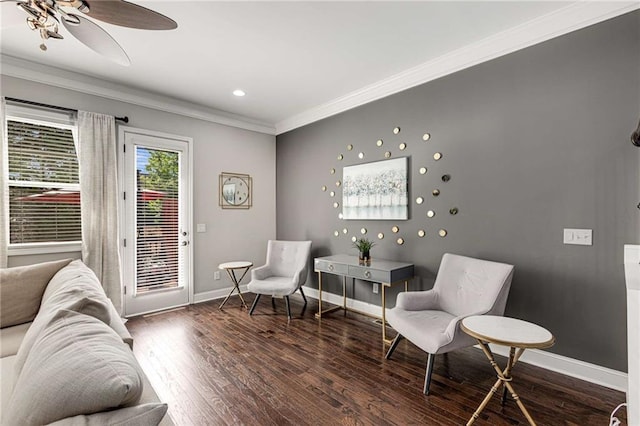 sitting room featuring crown molding, ceiling fan, recessed lighting, baseboards, and wood finished floors