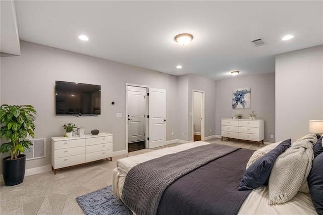 bedroom with baseboards, light colored carpet, recessed lighting, and visible vents