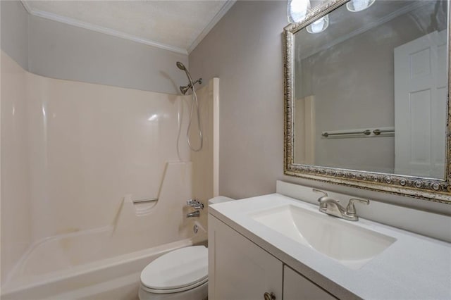 full bath featuring toilet, crown molding, bathing tub / shower combination, and vanity